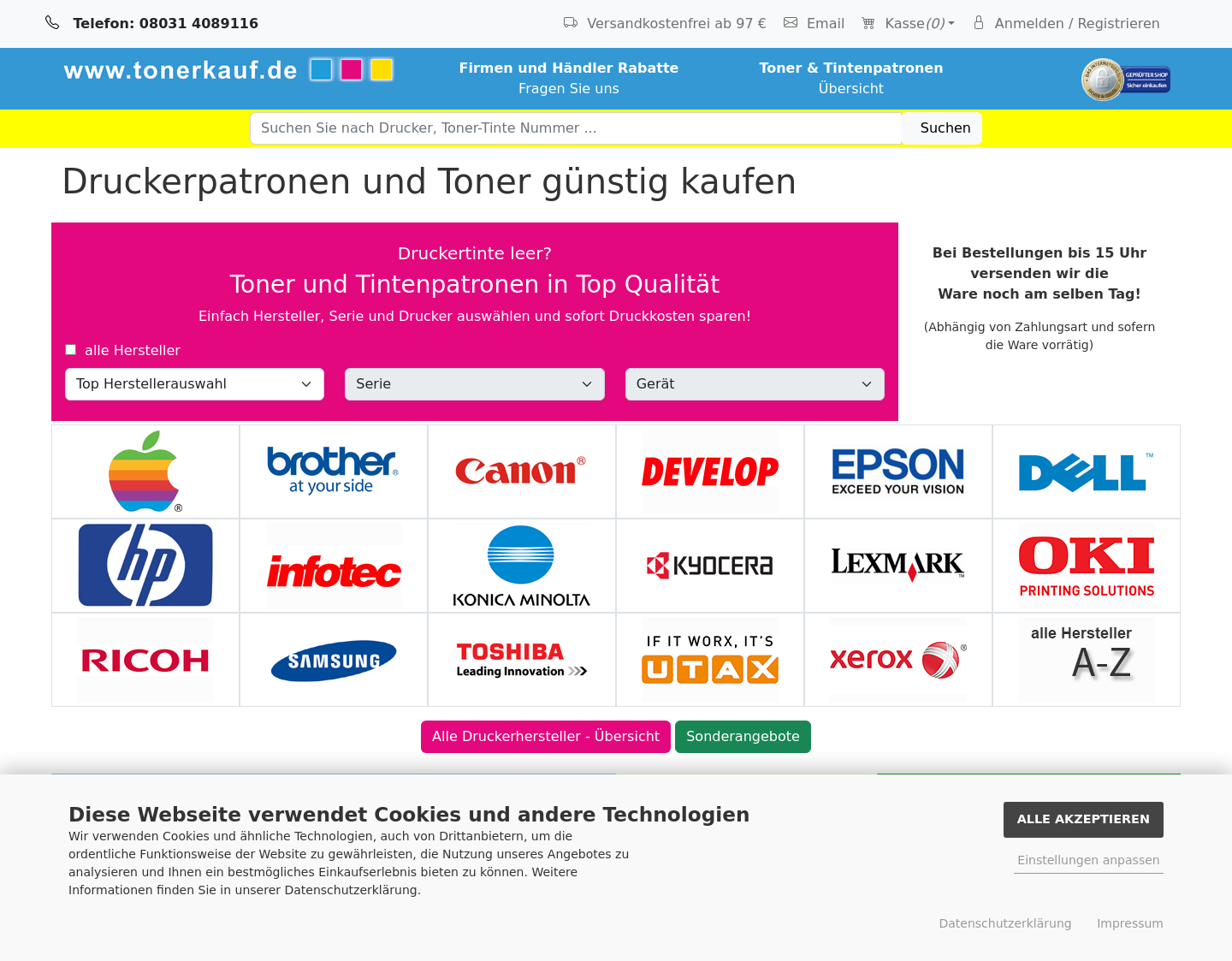 Aktuelle Website-Vorschau von Toner und Tintenpatronen