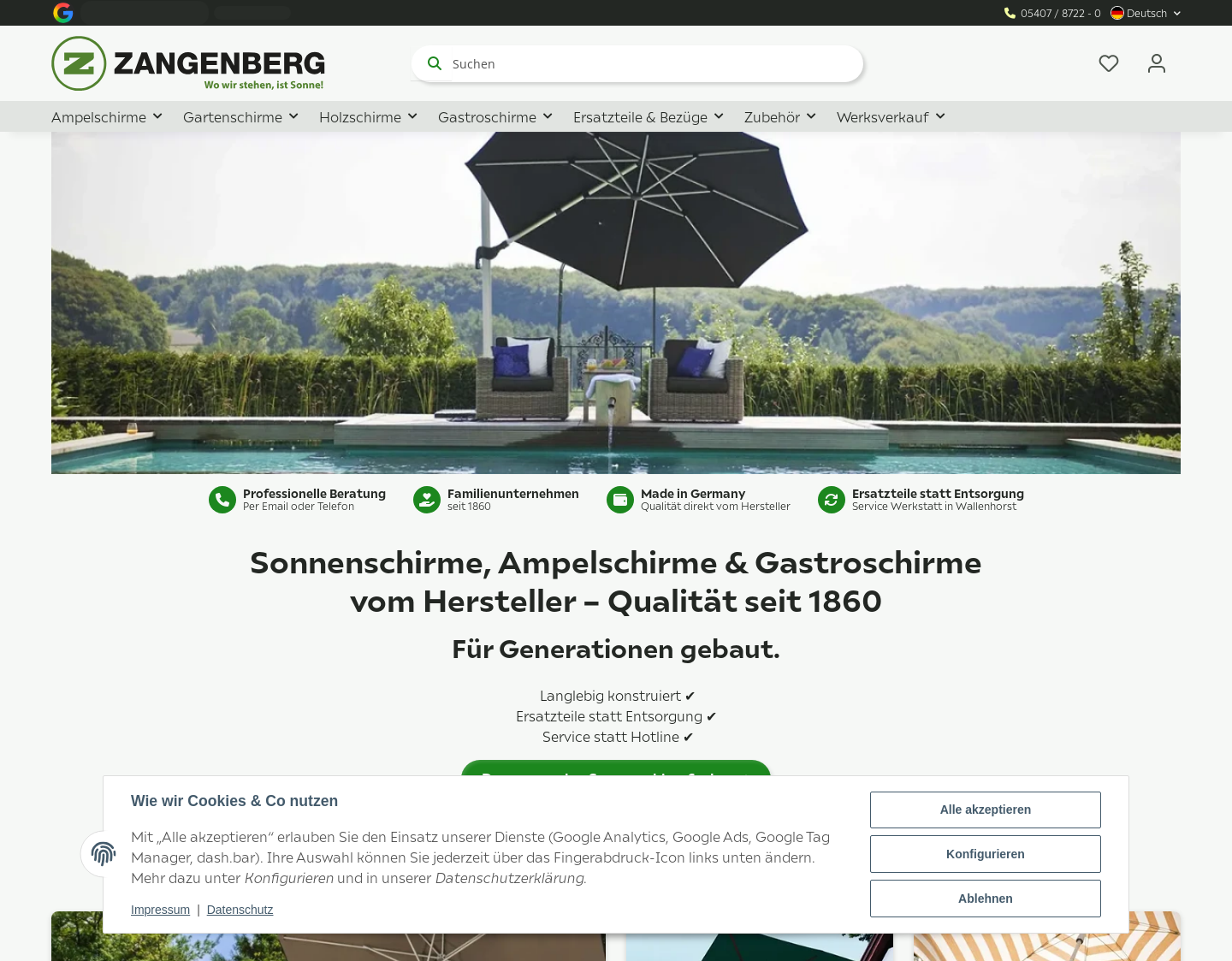 Aktuelle Website-Vorschau von Großschirme von Zangenberg