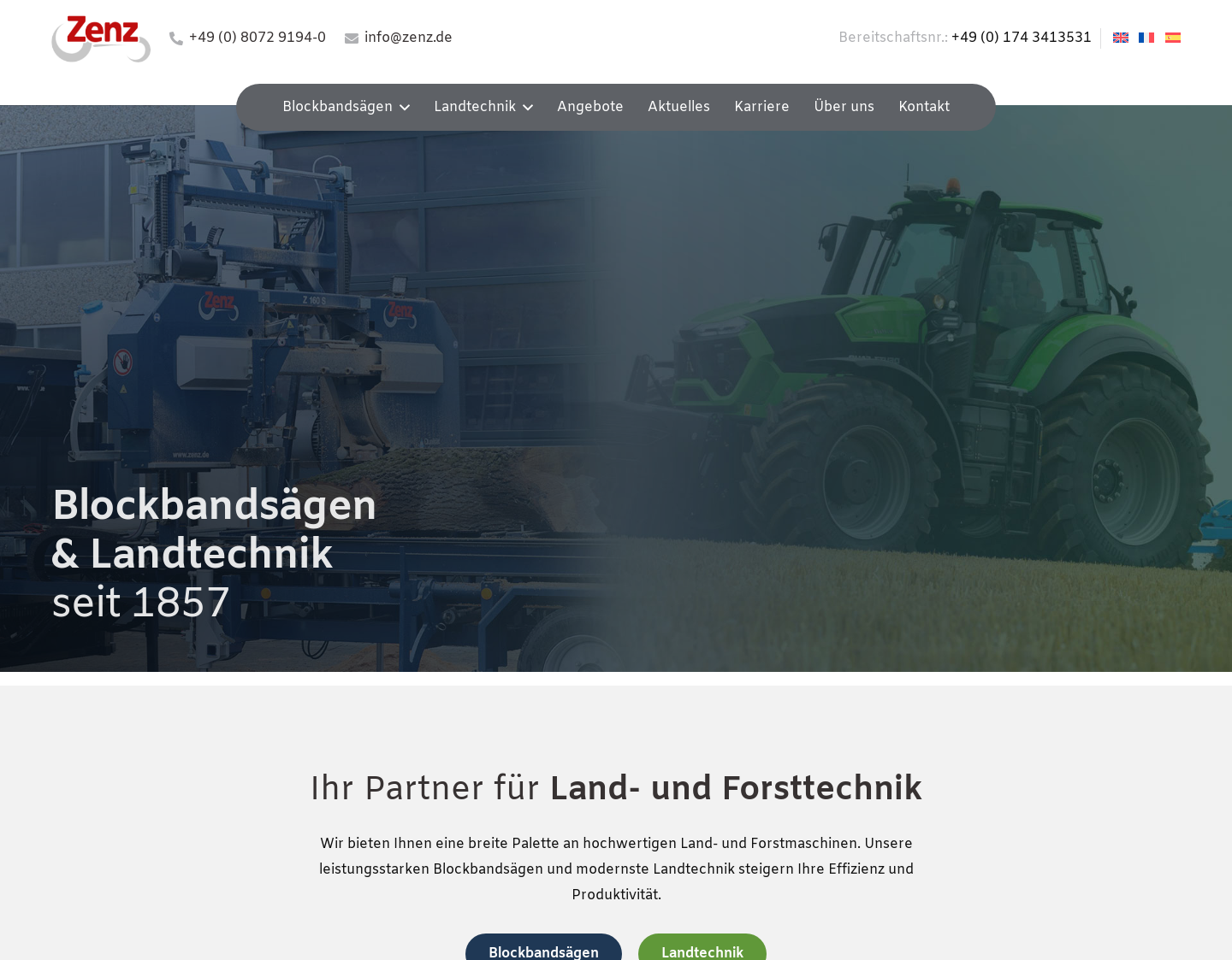 Aktuelle Website-Vorschau von Frontlader und Blockbandsägen Zenz