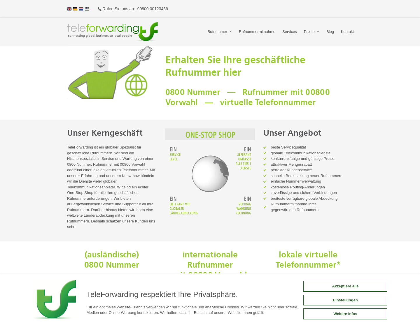 Aktuelle Website-Vorschau von Telefonnummern von TeleForwarding beantragen