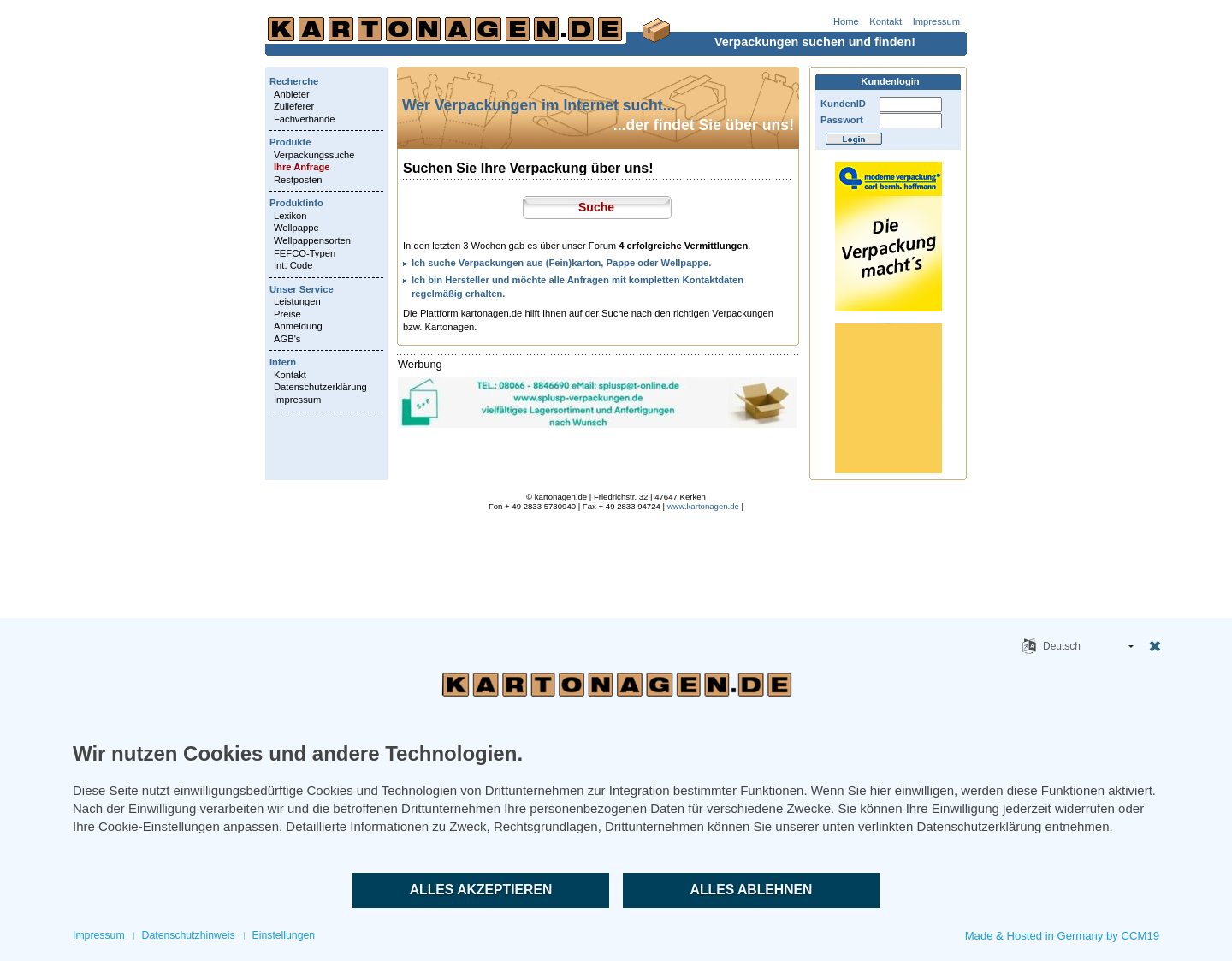 Aktuelle Website-Vorschau von kartonagen.de ? Verpackungssuche