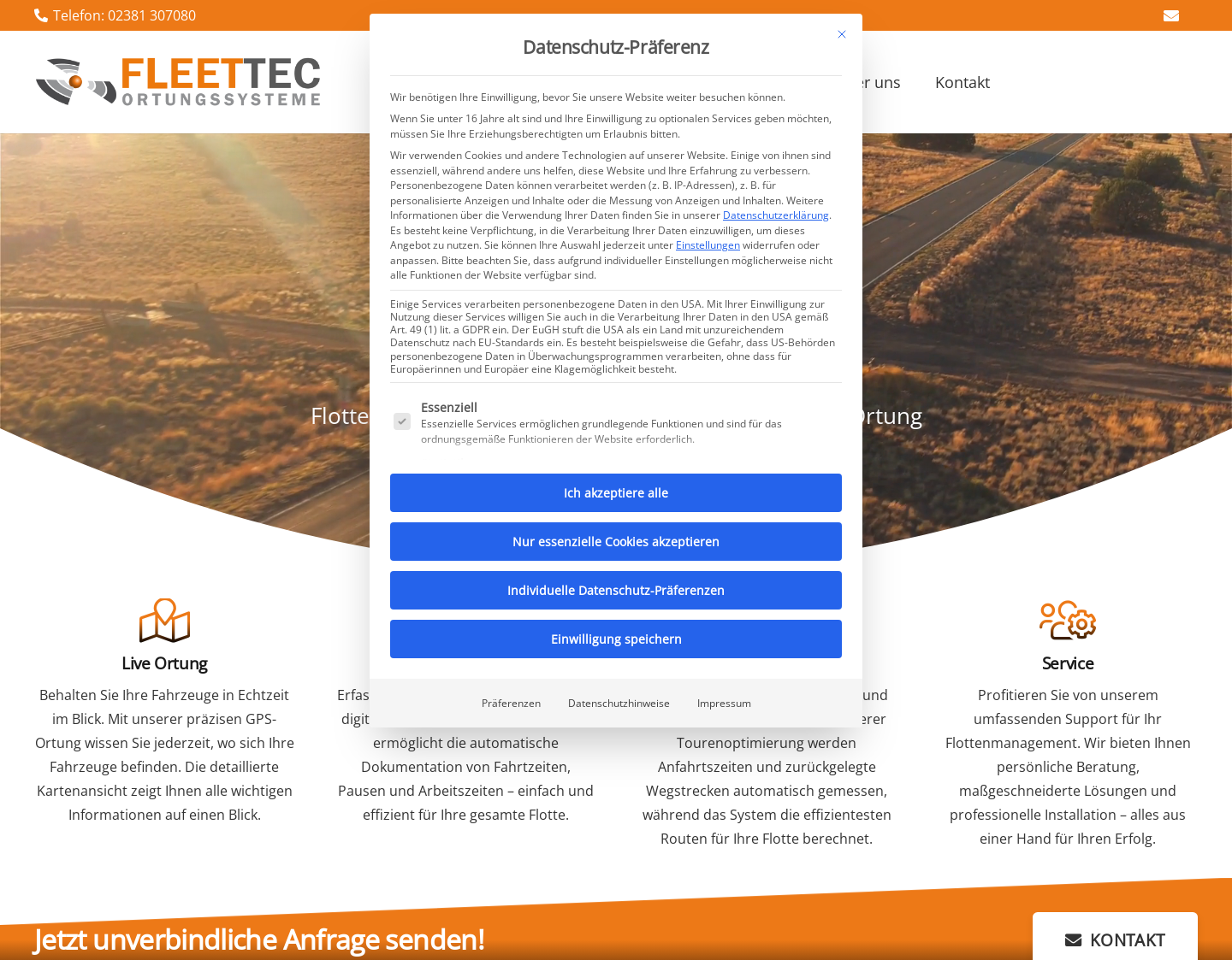 Aktuelle Website-Vorschau von Fleettec Tourenoptimierung
