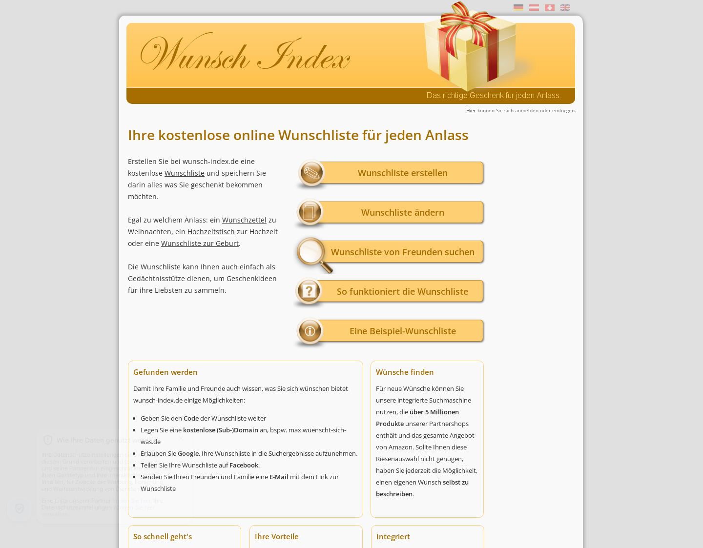 Aktuelle Website-Vorschau von Online Wunschliste kostenlos
