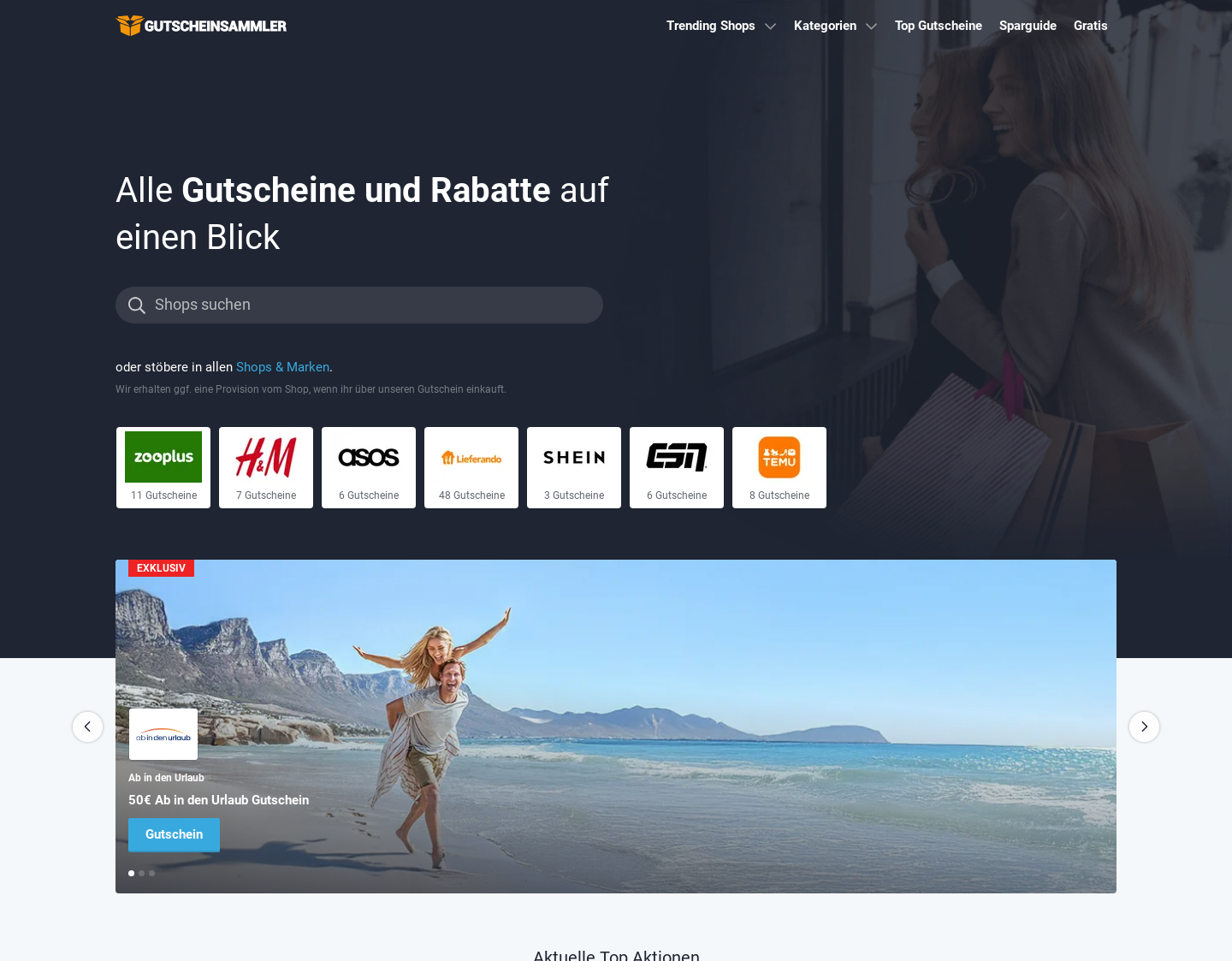 Aktuelle Website-Vorschau von Gutscheinsammler