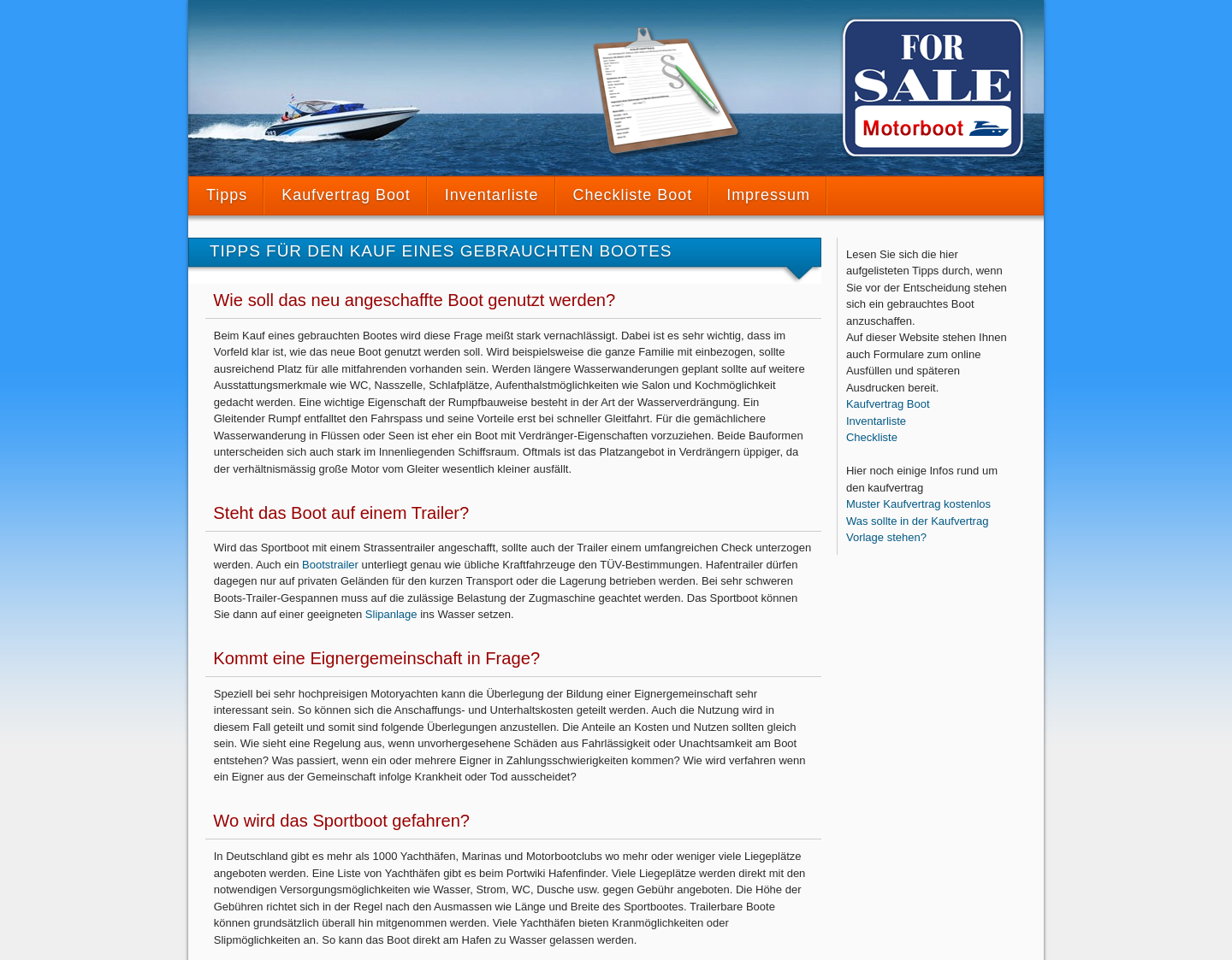 Aktuelle Website-Vorschau von Kostenloser online Kaufvertrag Boot