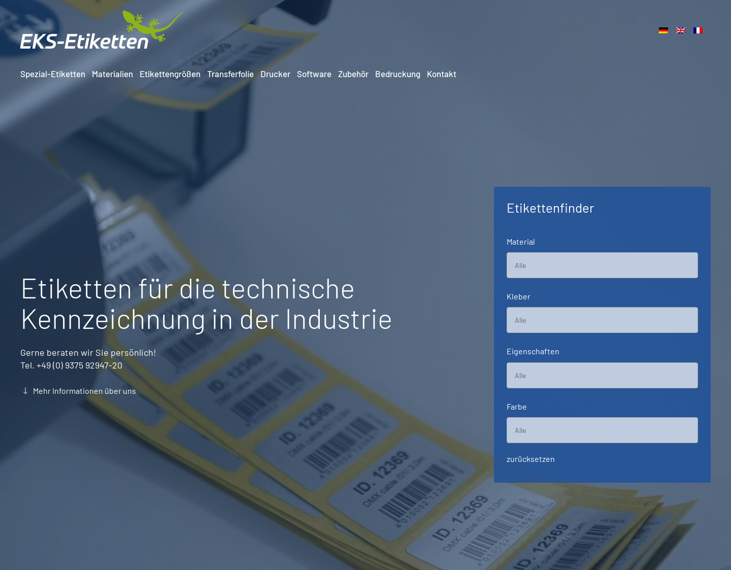Aktuelle Website-Vorschau von EKS-Etiketten EKS-Etiketten Wir ble