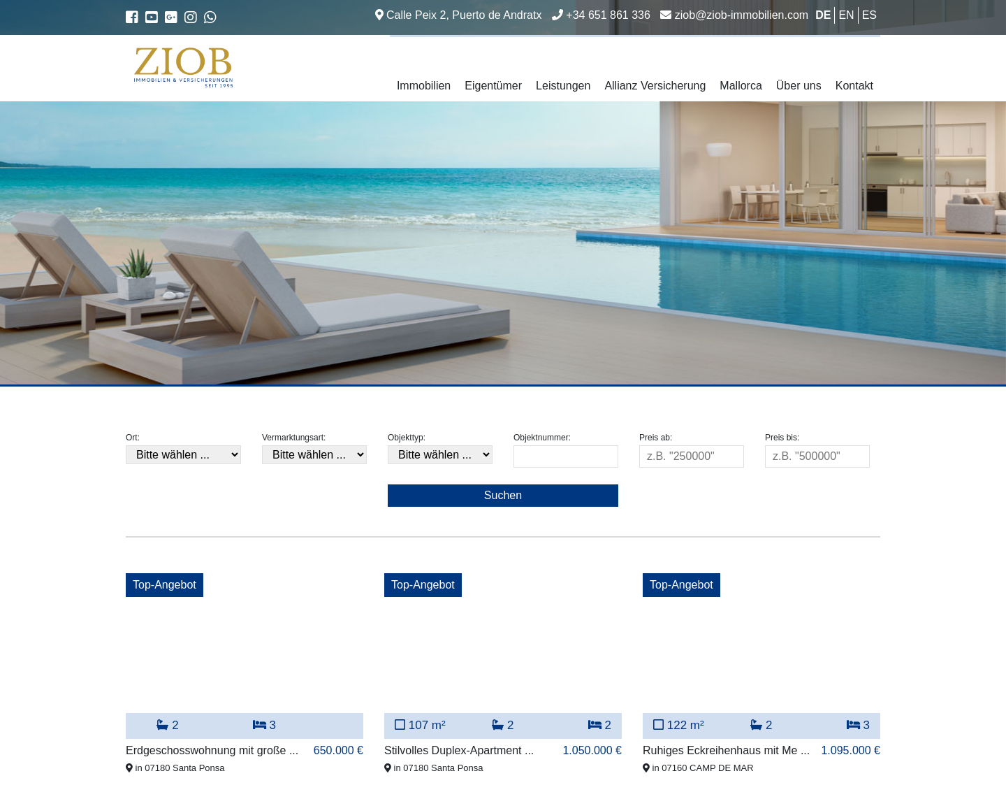 Aktuelle Website-Vorschau von Casas Camp de Mar, Mallorca Immobilien