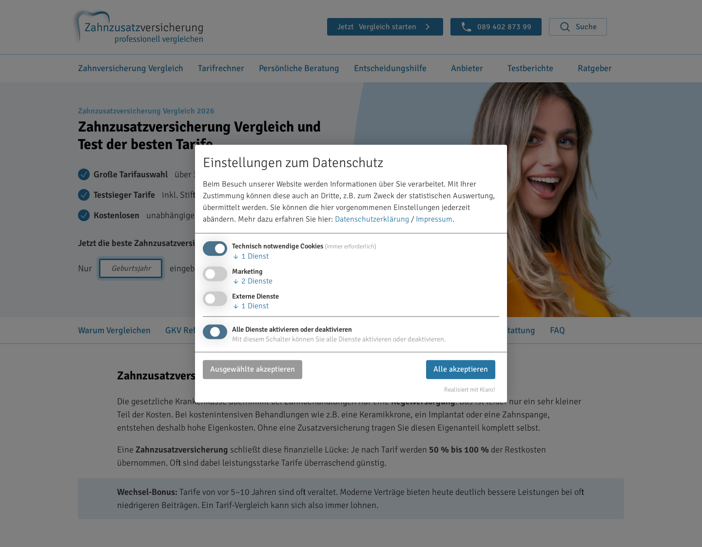 Aktuelle Website-Vorschau von Zahnzusatzversicherung im Vergleich