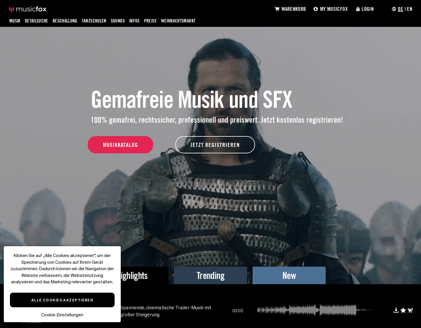 Aktuelle Website-Vorschau von musicfox - gemafrei & professionell