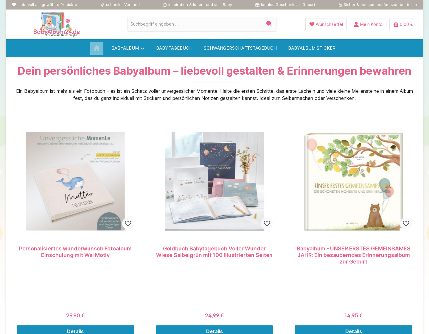 Aktuelle Website-Vorschau von Online Shop für Babyalben