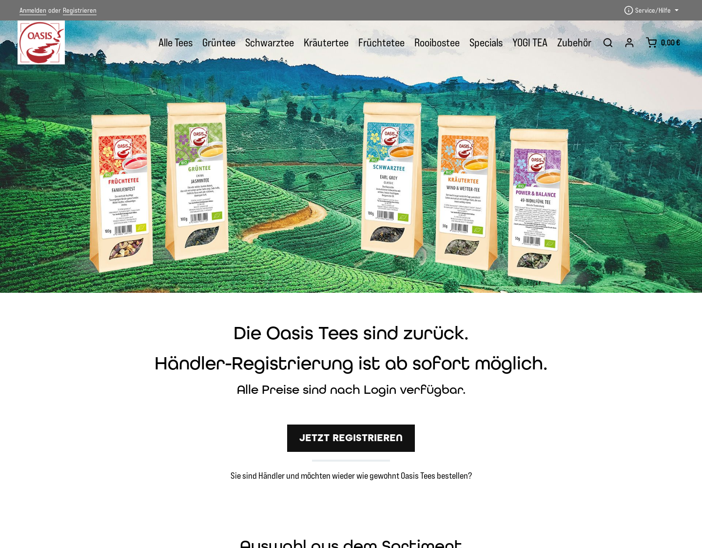 Aktuelle Website-Vorschau von Oasis Tee, der Bio Tee aus 100%