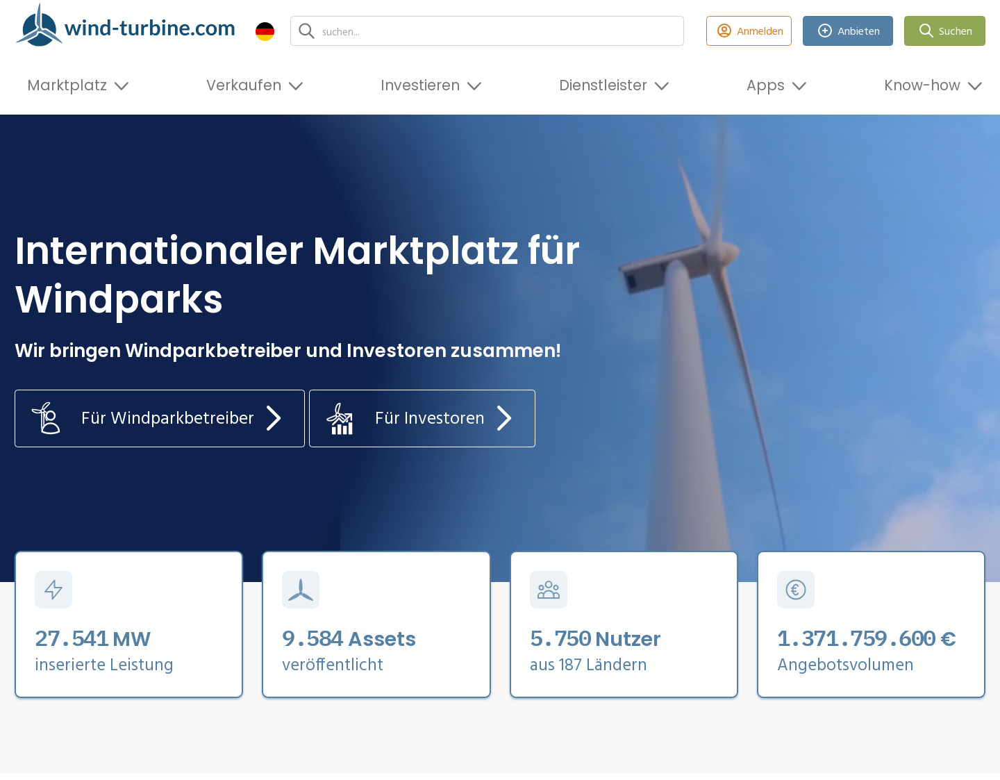 Aktuelle Website-Vorschau von Windkraftanlagen