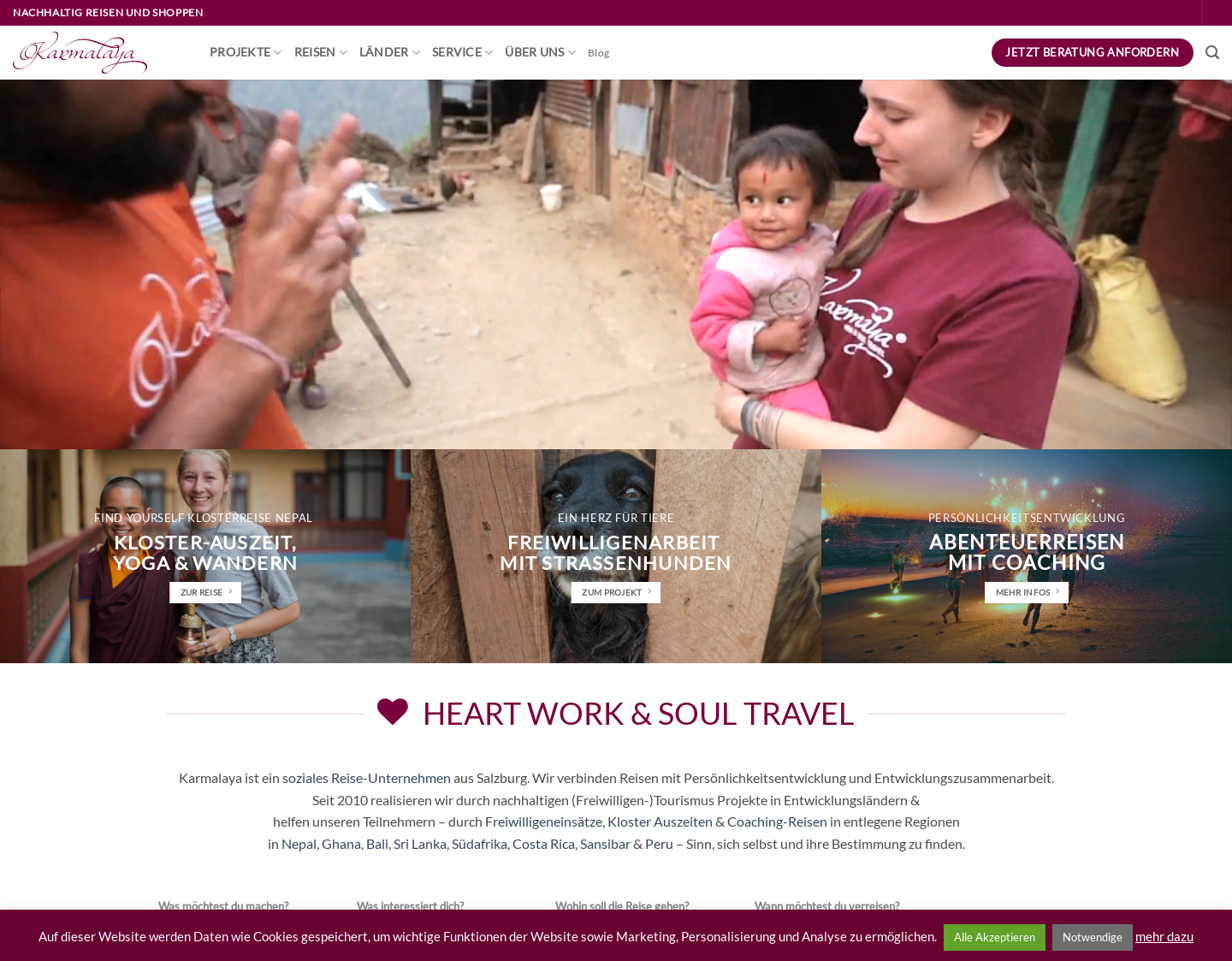 Aktuelle Website-Vorschau von Karmalaya - Freiwilligenarbeit & Projekte in Nepal