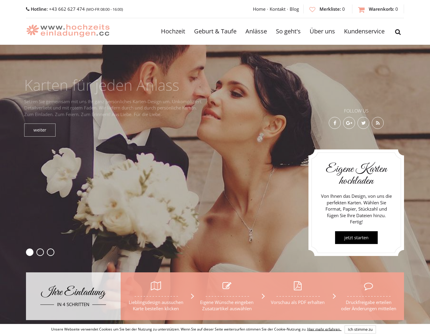 Aktuelle Website-Vorschau von Hochzeitseinladungen und Hochzeitskarten