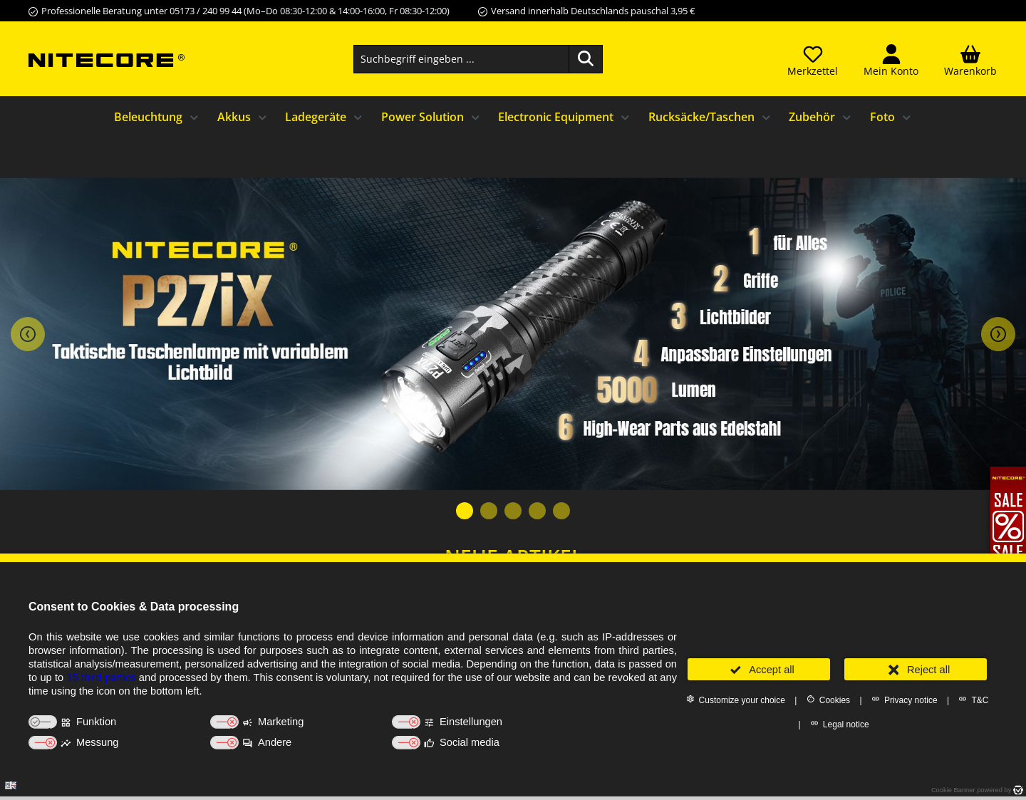Aktuelle Website-Vorschau von Markenqualität von NiteCore und Fenix im Messersho