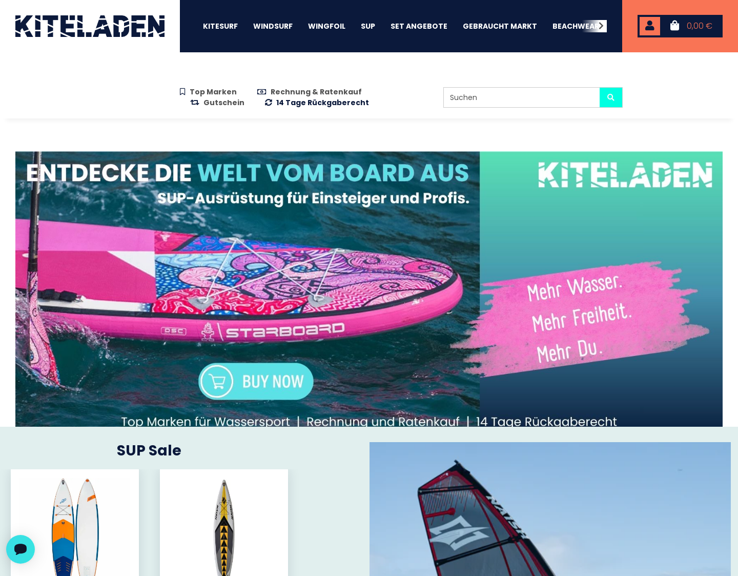Aktuelle Website-Vorschau von Kites und Kiteboards und Zubehör