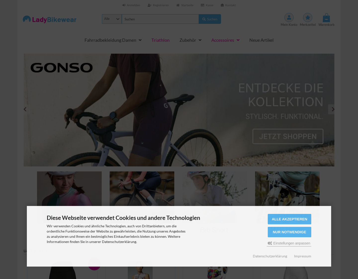 Aktuelle Website-Vorschau von Radbekleidung für Damen