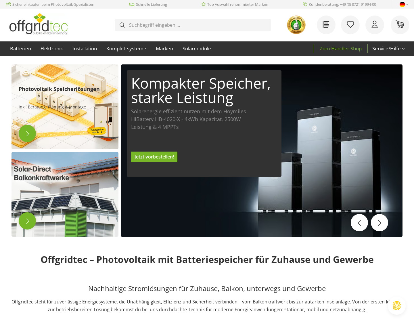 Aktuelle Website-Vorschau von Onlineshop für Solar Inselanlage