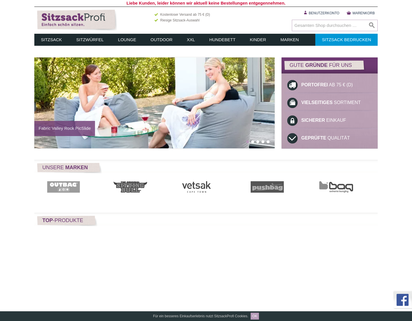 Aktuelle Website-Vorschau von SitzsackProfi
