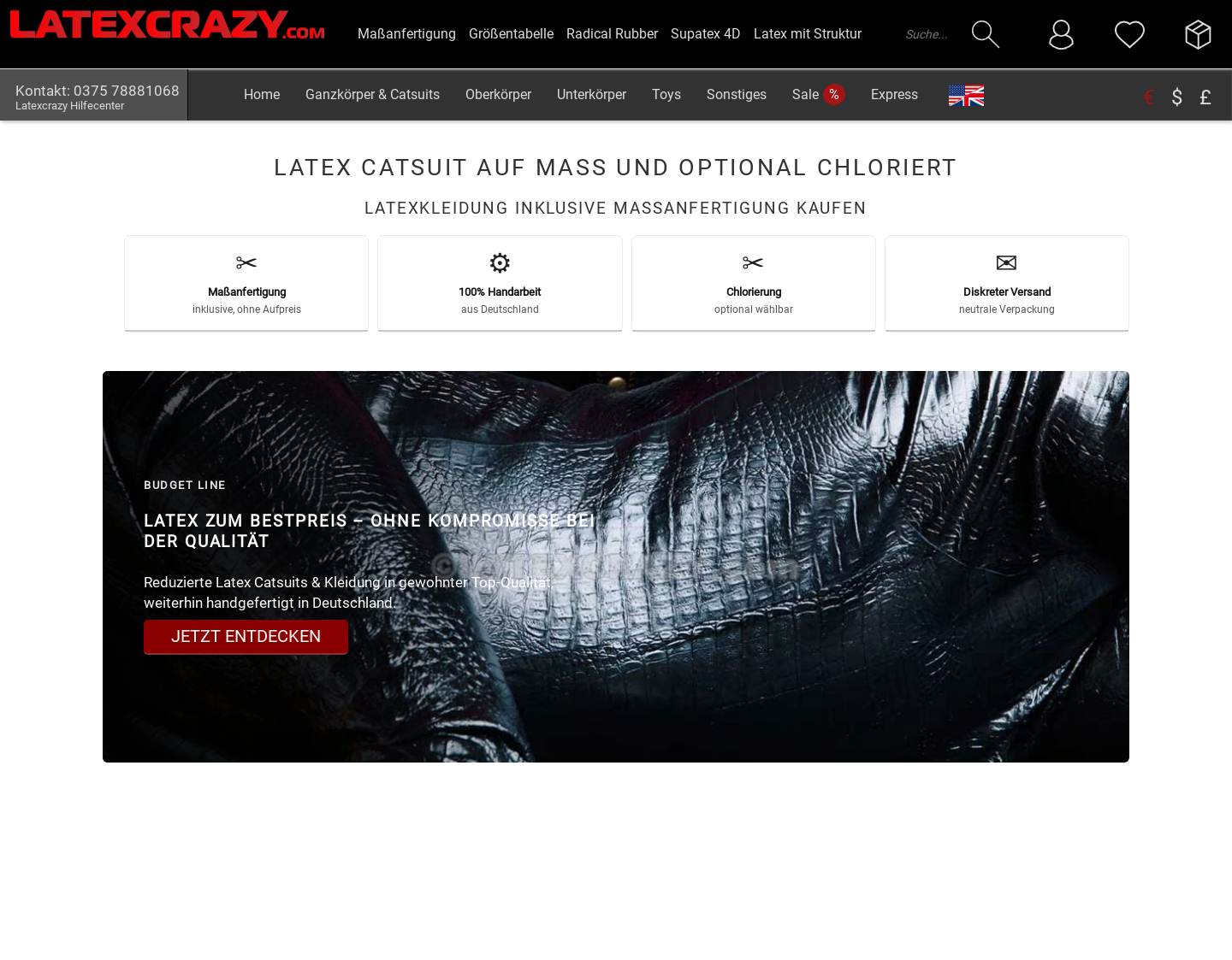 Aktuelle Website-Vorschau von Latex Catsuit und Kleidung auf Maß