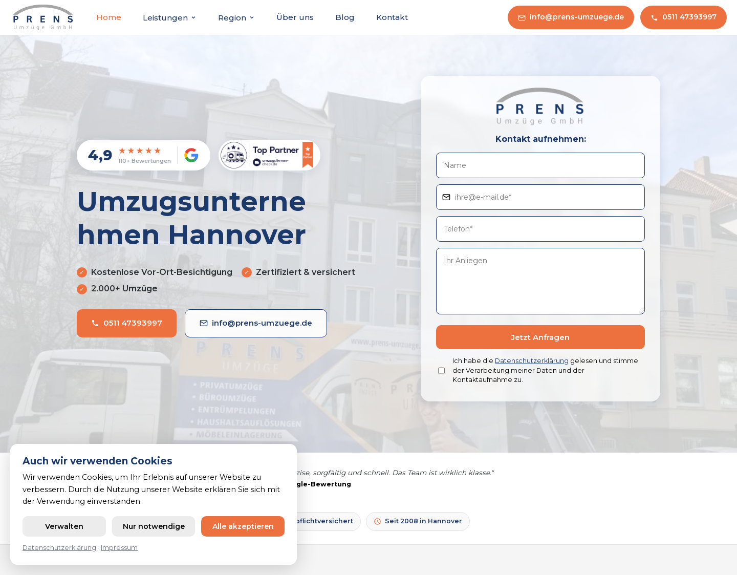 Aktuelle Website-Vorschau von Prens Umzüge Hannover