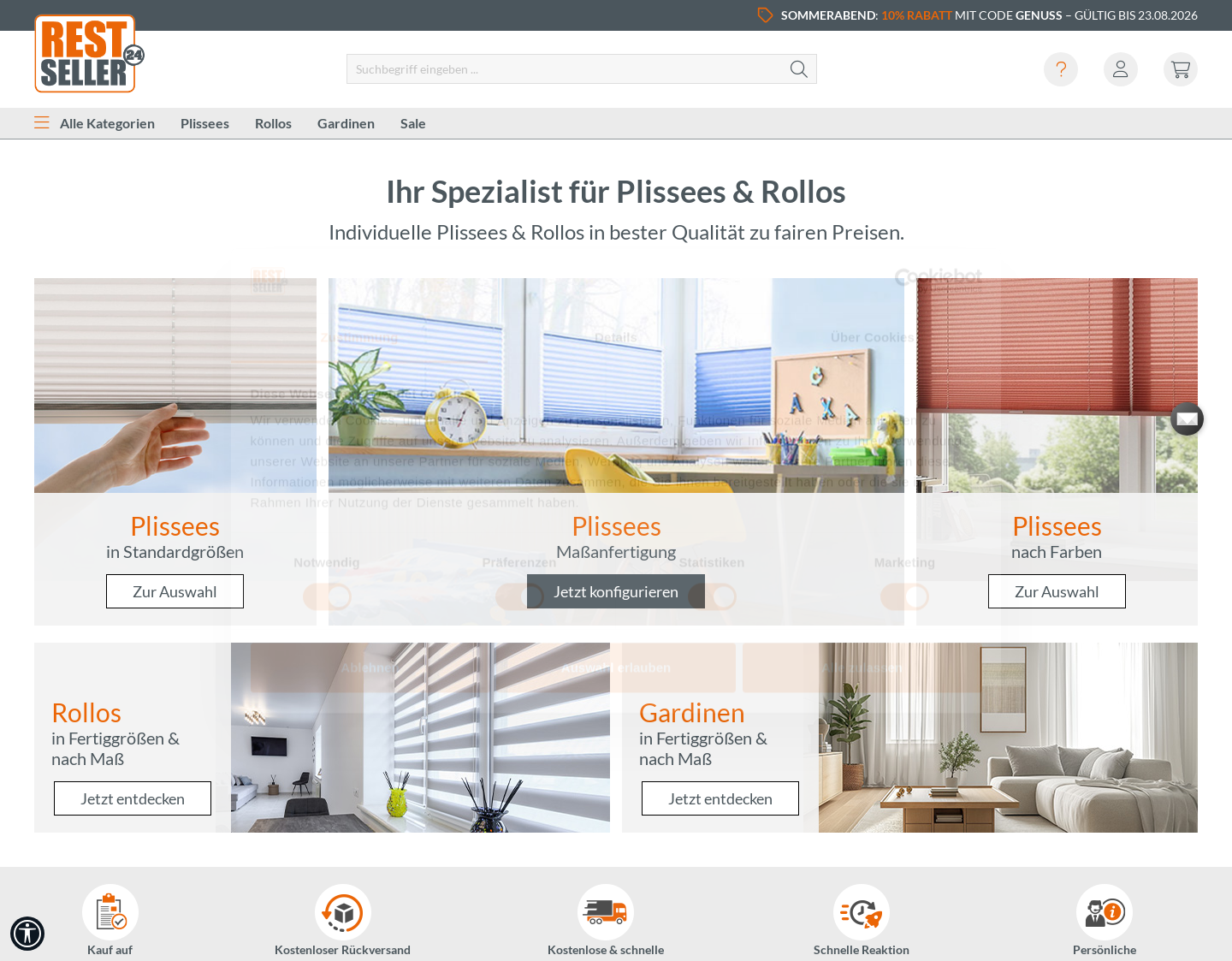 Aktuelle Website-Vorschau von Plissee online günstig