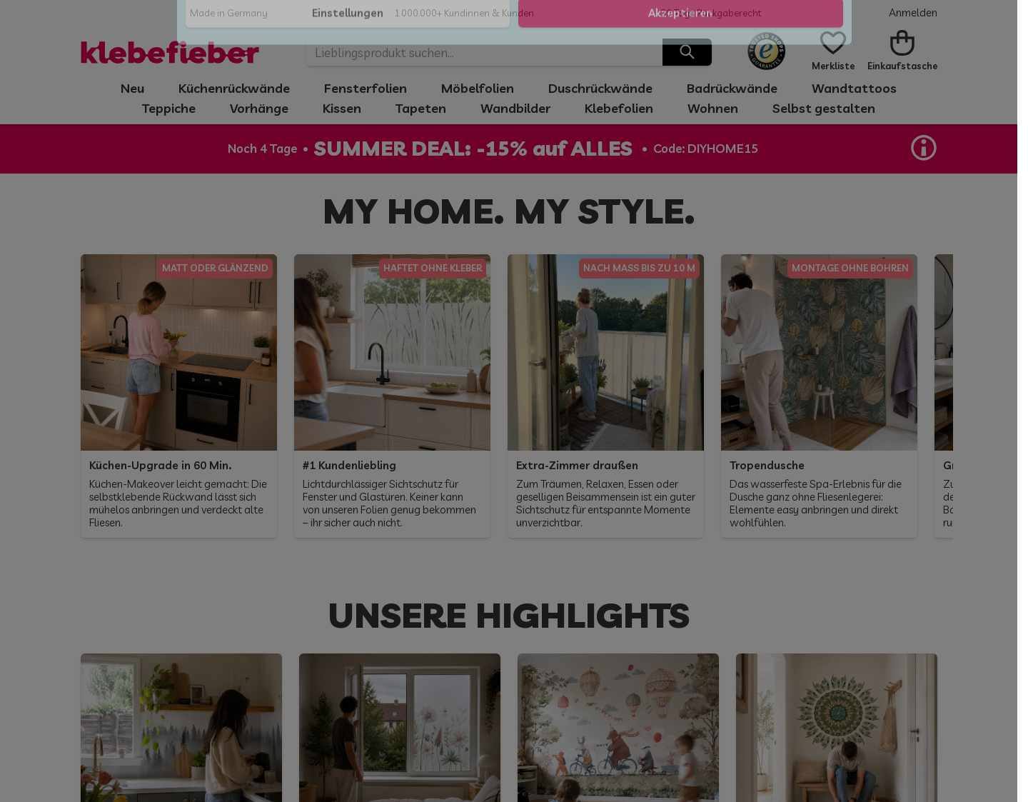 Aktuelle Website-Vorschau von Klebefieber Wandtattoos