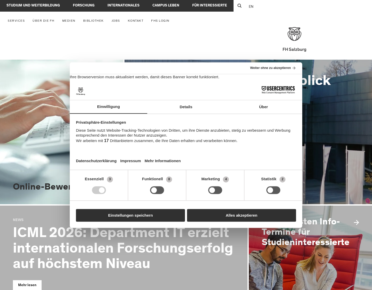 Aktuelle Website-Vorschau von Studieren an der FH Salzburg