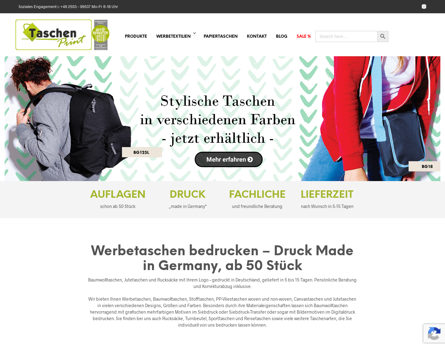 Aktuelle Website-Vorschau von Stofftaschen