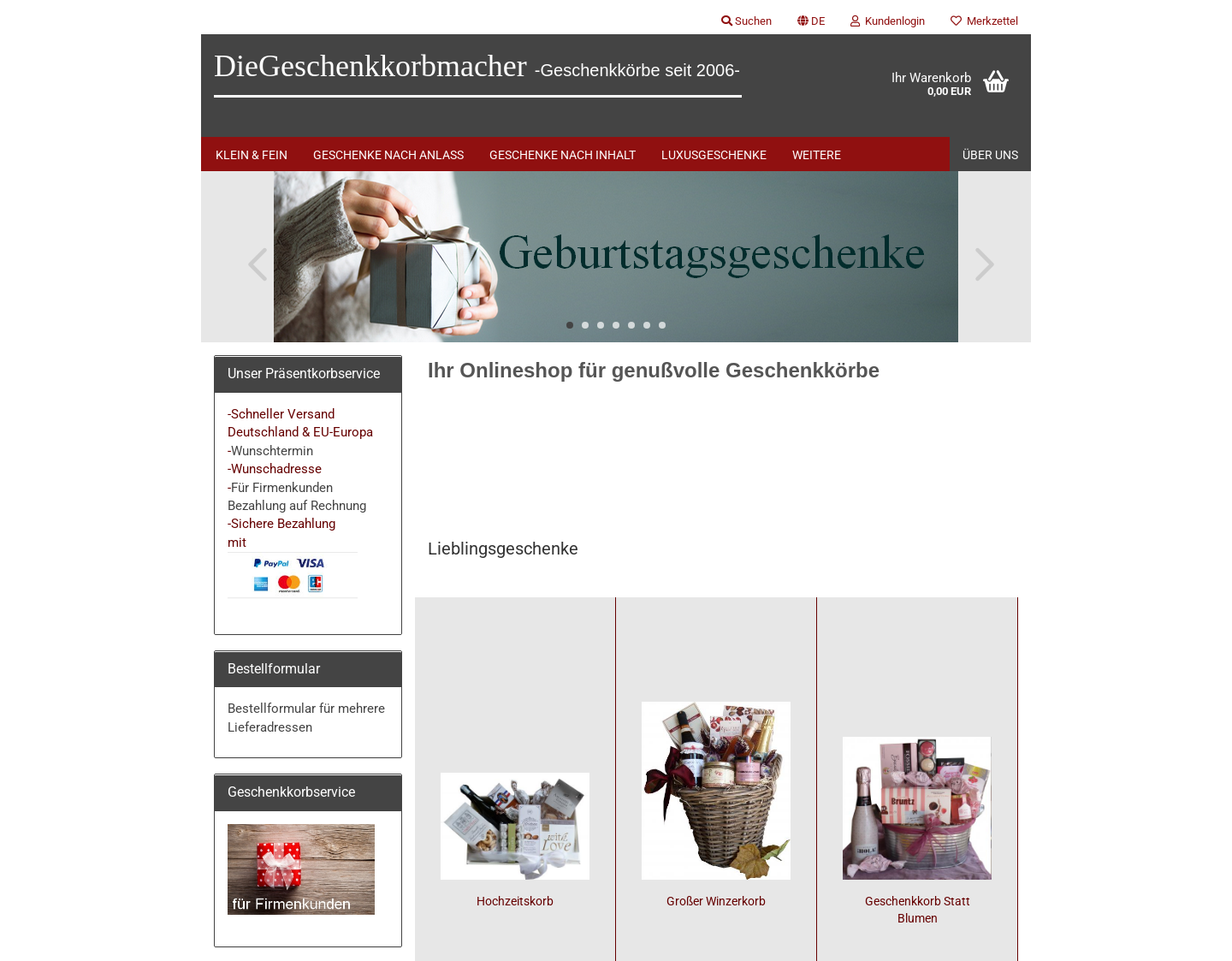Aktuelle Website-Vorschau von Präsentkorb online verschicken