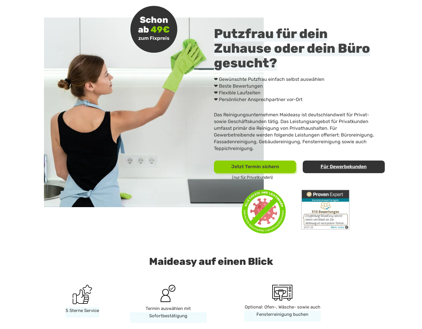 Aktuelle Website-Vorschau von Maideasy - Putzfrauen