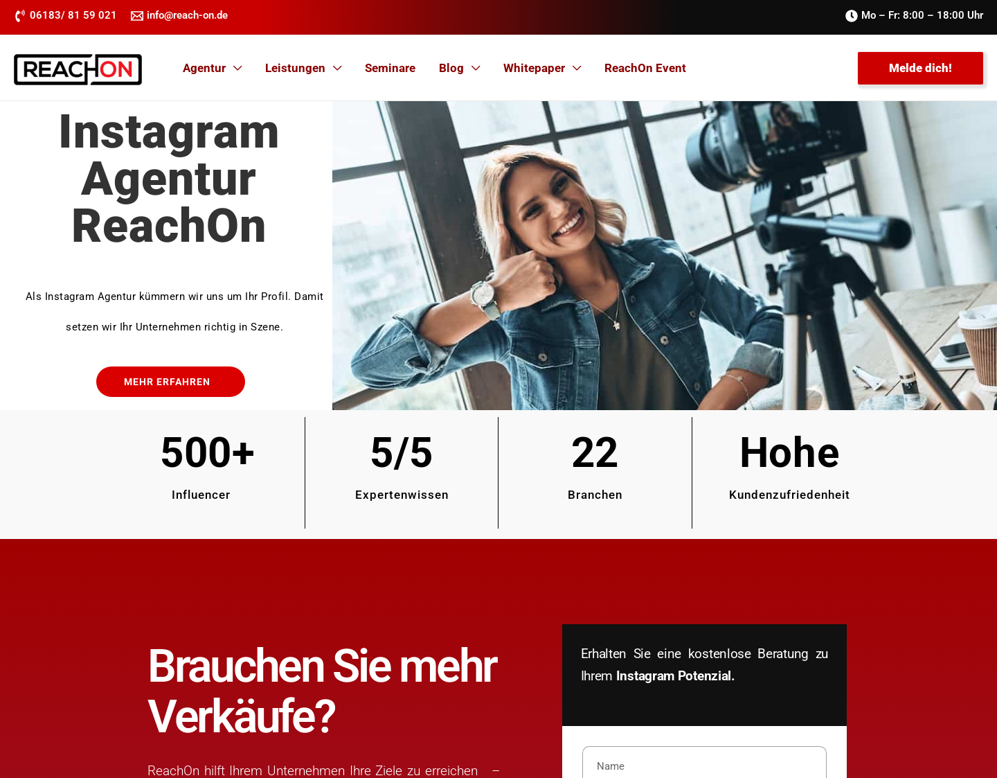 Aktuelle Website-Vorschau von Instagram & Influencer Agentur ReachOn