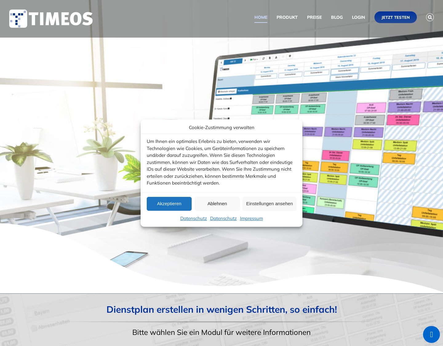 Aktuelle Website-Vorschau von Timeos - Dienstplan automatisch erstellen