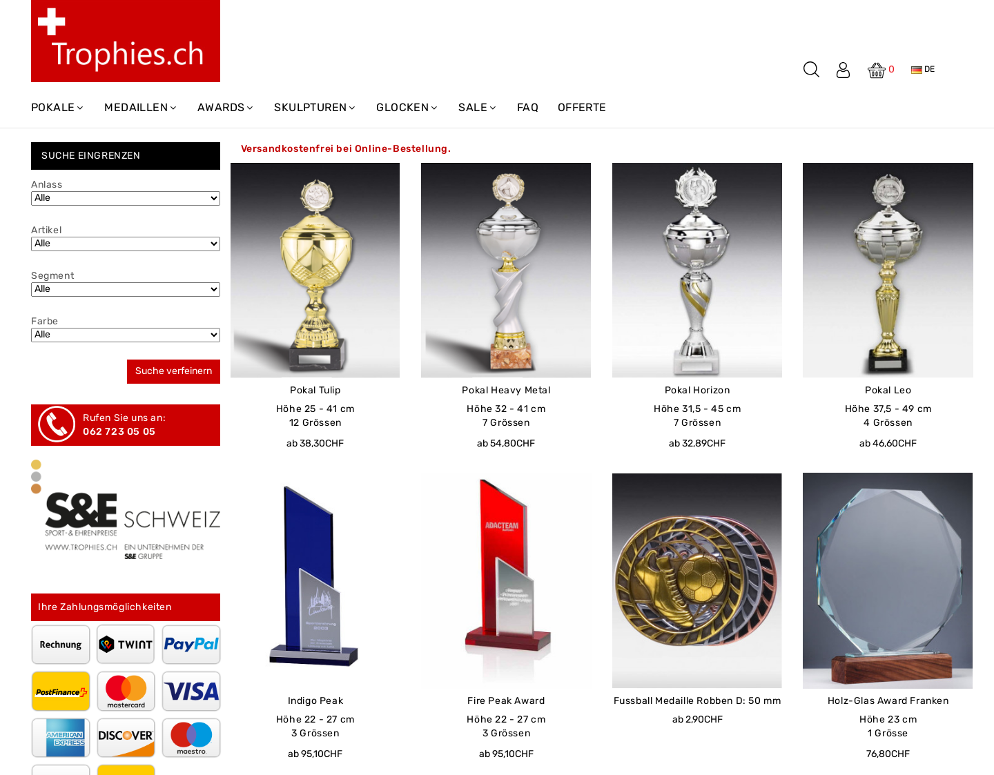 Aktuelle Website-Vorschau von Medaillen und Pokale online