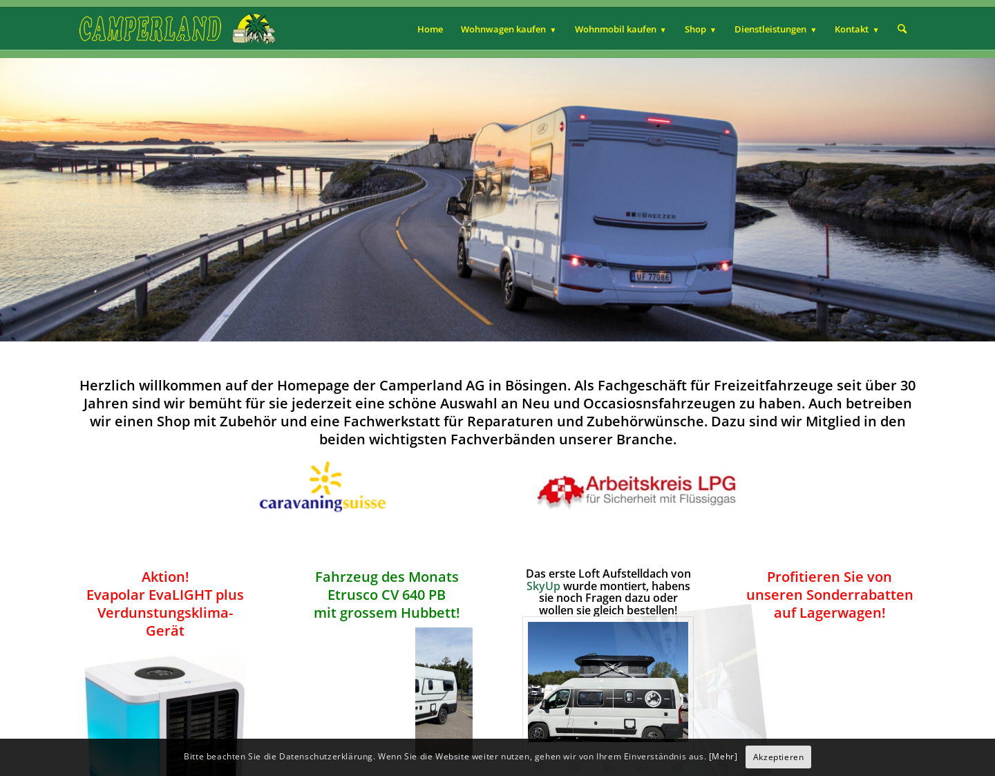 Aktuelle Website-Vorschau von Camperland - Wohnwagen kaufen und mieten