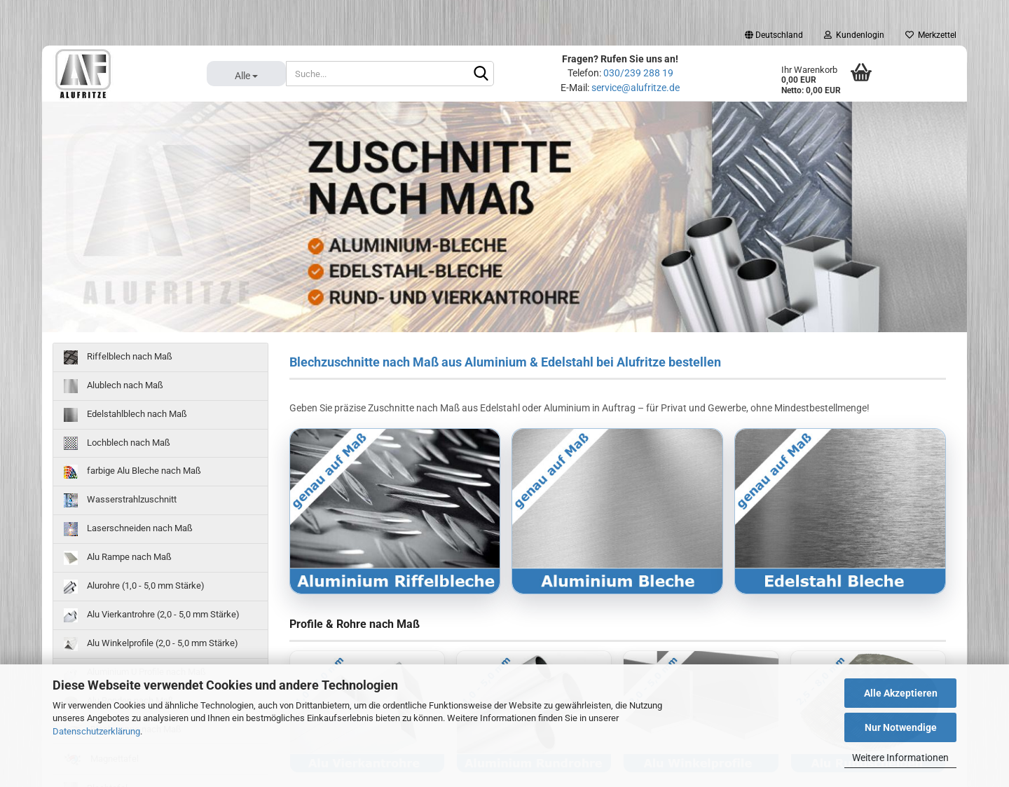 Aktuelle Website-Vorschau von Alufritze - Alublech- und Edelstahl·Zuschnitt
