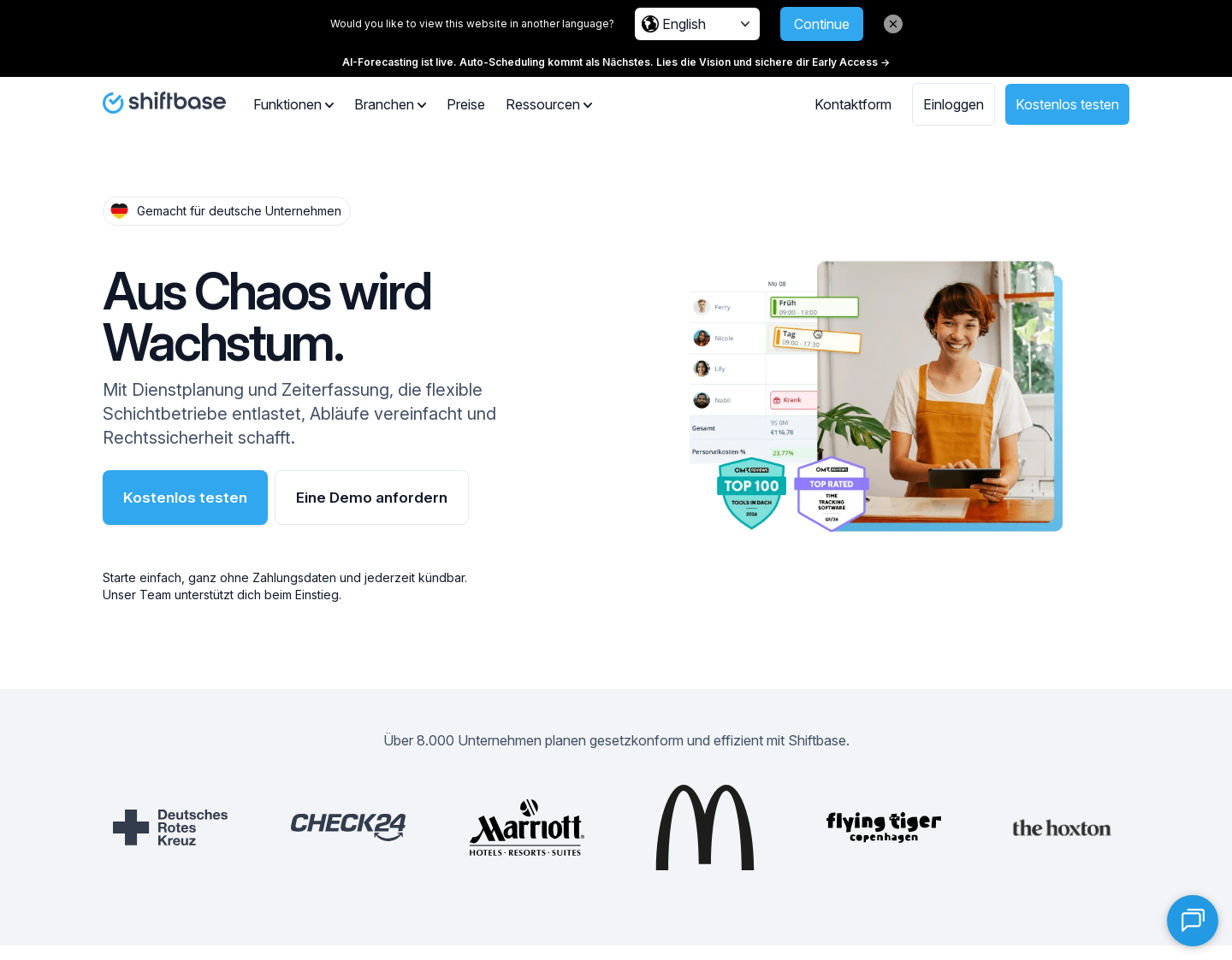 Aktuelle Website-Vorschau von ShiftBase - Die intelligente Dienstplanung