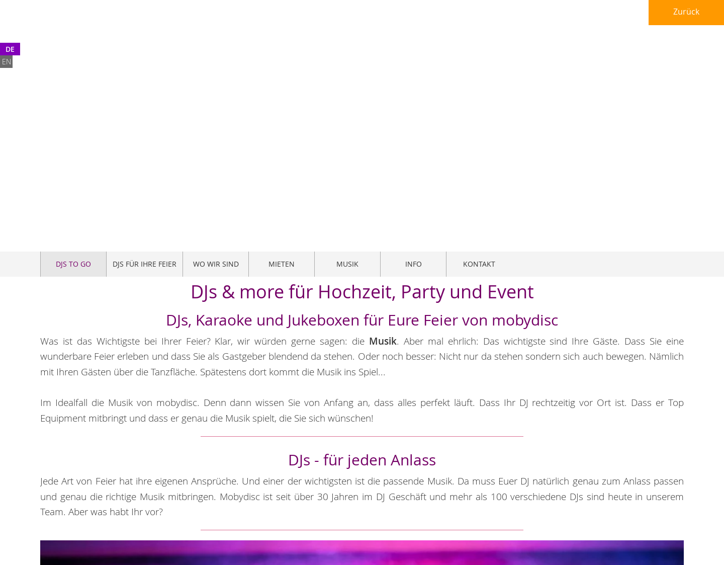 Aktuelle Website-Vorschau von Hochzeit DJ und Karaoke Services Mobydisc
