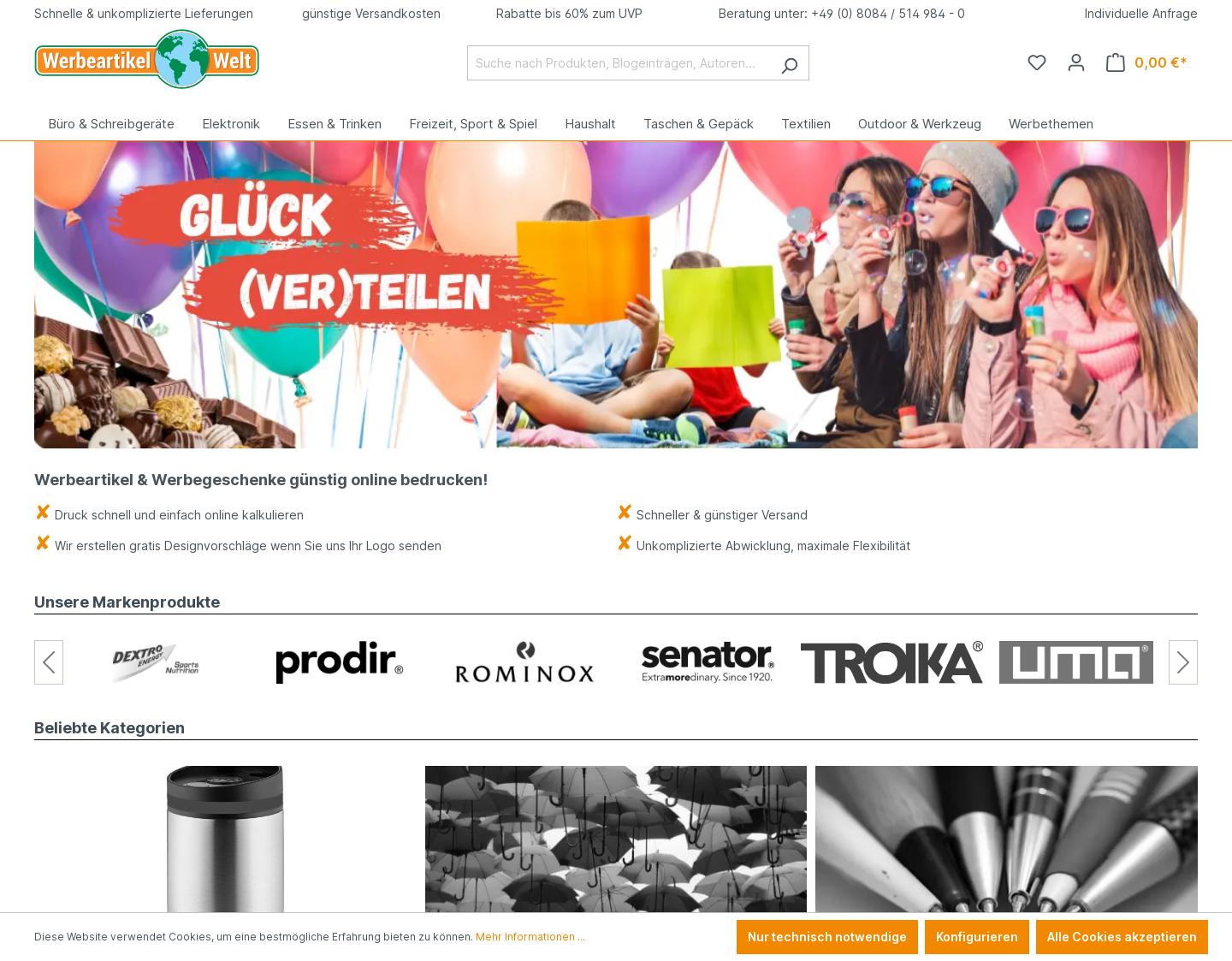 Aktuelle Website-Vorschau von Onlineshop für gefragte Werbeartikel