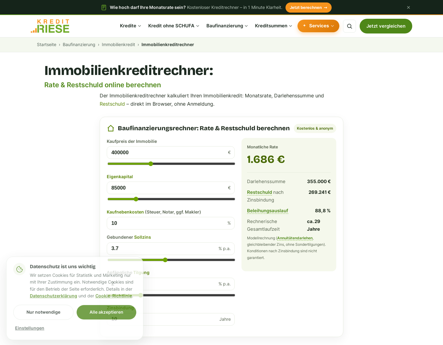 Aktuelle Website-Vorschau von Immobilienkreditrechner