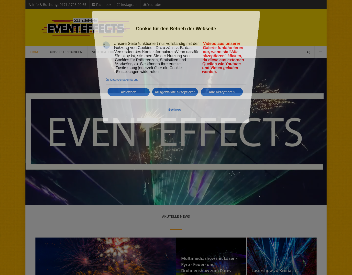 Aktuelle Website-Vorschau von Eventeffects - Professionelle Spezialeffekte