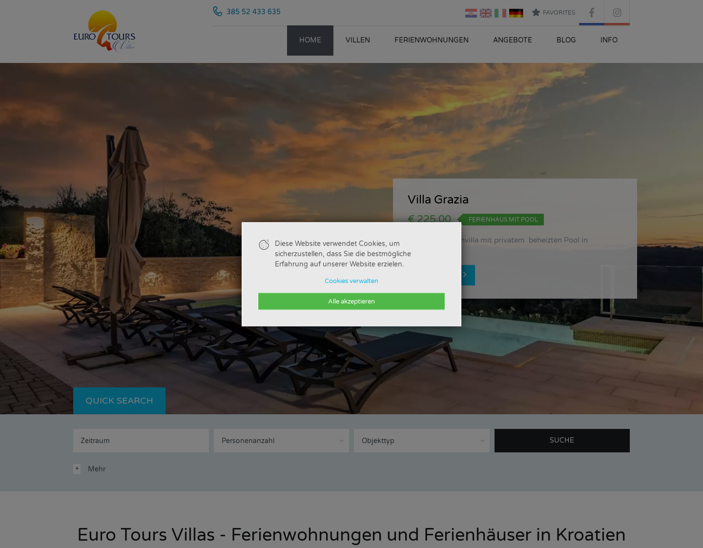 Aktuelle Website-Vorschau von Eurotours Villas