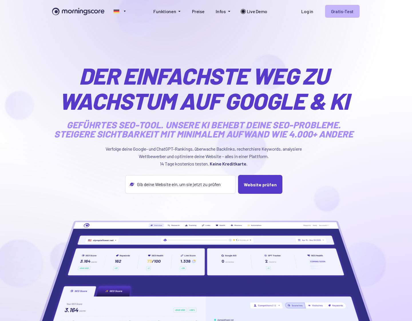 Aktuelle Website-Vorschau von Morningscore SEO Tool