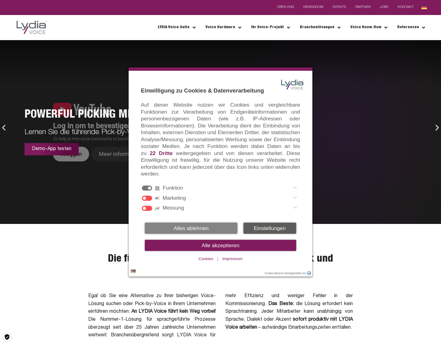 Aktuelle Website-Vorschau von Lydia Voice - Pick by Voice Lösung für Logistik