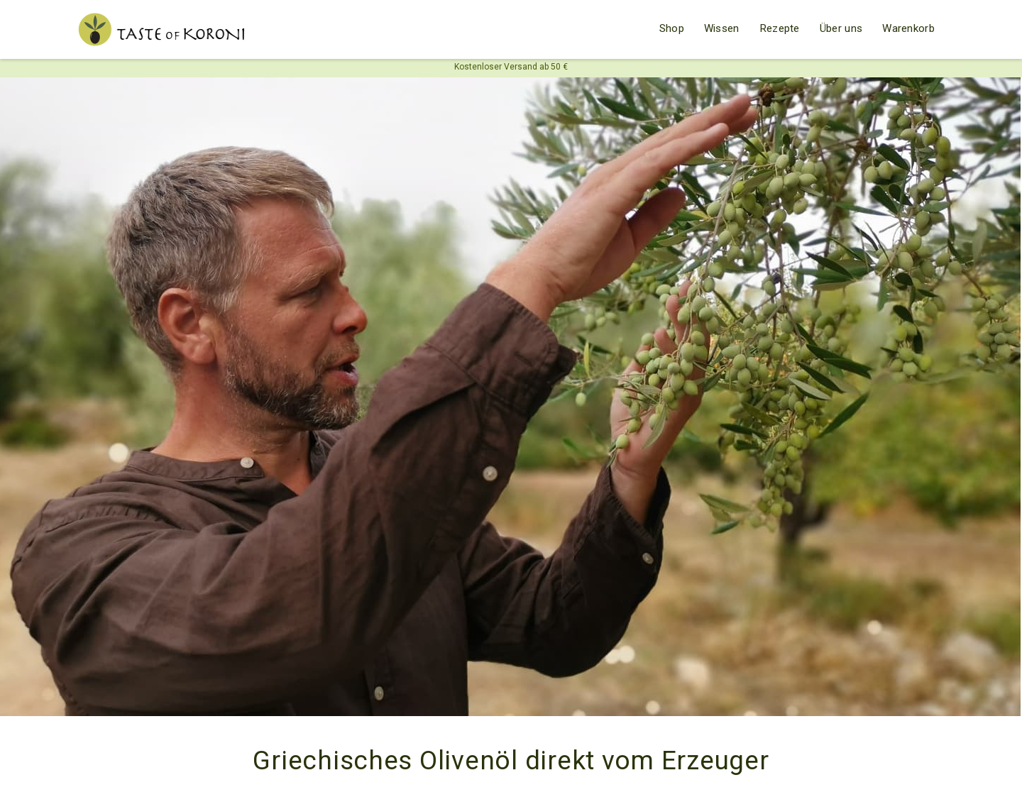 Aktuelle Website-Vorschau von Taste of Koroni - hochwertiges Olivenöl kaufen