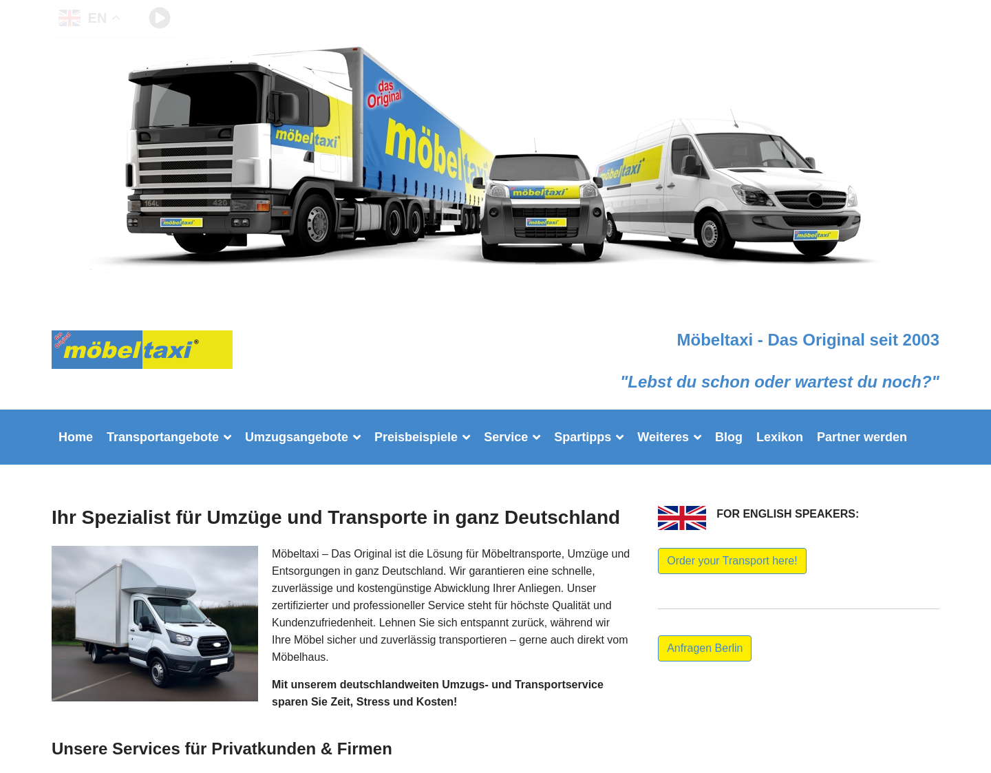 Aktuelle Website-Vorschau von Möbel Transport Deutschland