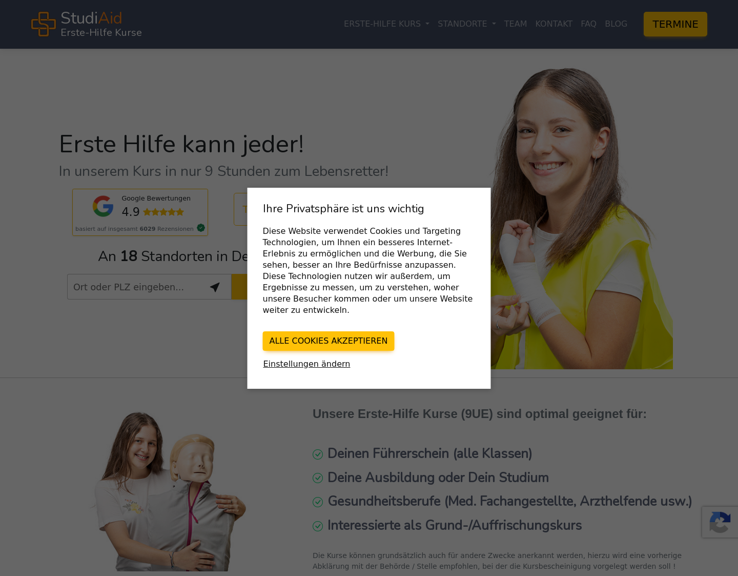 Aktuelle Website-Vorschau von StudiAid Erste Hilfe Kurse