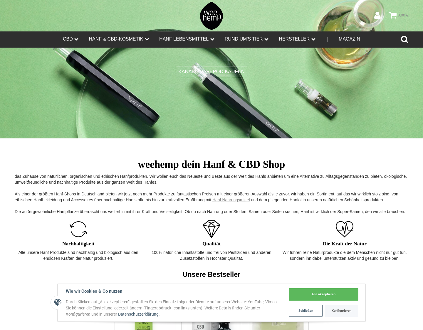 Aktuelle Website-Vorschau von weehemp CBD Öle und Hanfprodukte