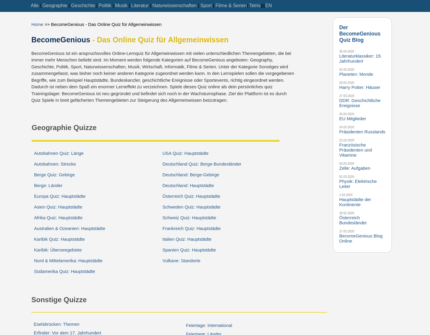 Aktuelle Website-Vorschau von BecomeGenious Lernquiz