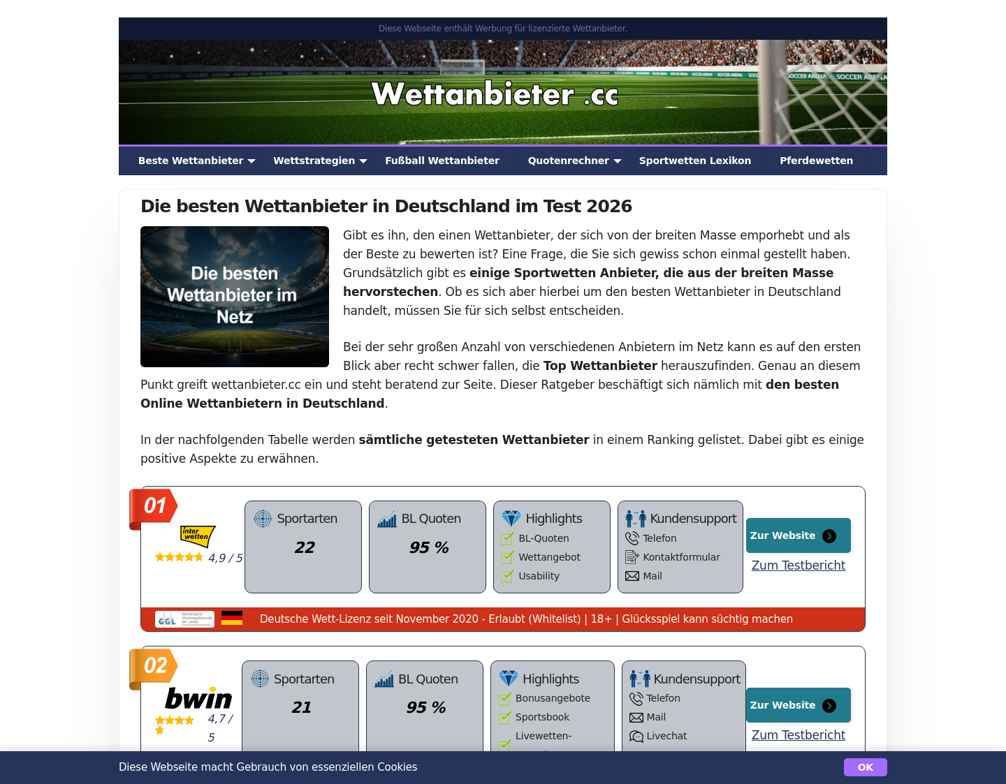 Aktuelle Website-Vorschau von Online Wettanbieter